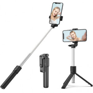 عصا سيلفي R1 مع جهاز تحكم عن بعد بلوتوث، حامل ثلاثي القوائم مع جهاز تحكم عن بعد بلوتوث، حامل سيلفي محمول متعدد الوظائف، حامل ثلاثي القوائم متوافق مع جميع الهواتف الذكية (لون اسود)